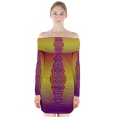 Flower Of Life Vintage Gold Ornaments Red Purple Olive Long Sleeve Off Shoulder Dress by EDDArt