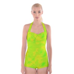 Simple Yellow And Green Boyleg Halter Swimsuit 