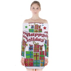 Happy Holidays - Gifts And Stars Long Sleeve Off Shoulder Dress