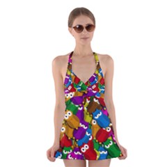 Cute Owls Mess Halter Swimsuit Dress