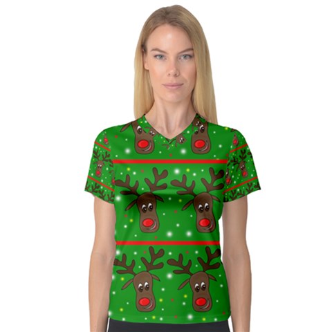 Reindeer Pattern Women s V-neck Sport Mesh Tee by Valentinaart