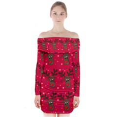 Reindeer Xmas Pattern Long Sleeve Off Shoulder Dress