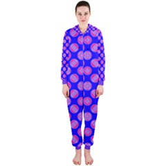 Bright Mod Pink Circles On Blue Hooded Jumpsuit (ladies)  by BrightVibesDesign