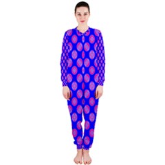 Bright Mod Pink Circles On Blue Onepiece Jumpsuit (ladies)  by BrightVibesDesign