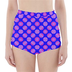 Bright Mod Pink Circles On Blue High-waisted Bikini Bottoms