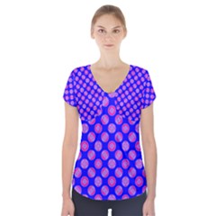 Bright Mod Pink Circles On Blue Short Sleeve Front Detail Top