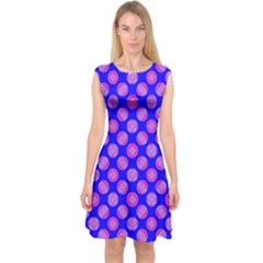 Bright Mod Pink Circles On Blue Capsleeve Midi Dress