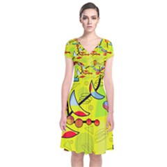 Happy Day - Yellow Short Sleeve Front Wrap Dress by Valentinaart