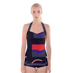 Geometrical Abstraction Boyleg Halter Swimsuit 