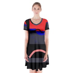 Geometrical Abstraction Short Sleeve V-neck Flare Dress