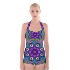 Colors And Flowers In A Mandala Boyleg Halter Swimsuit 