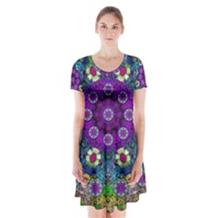 Colors And Flowers In A Mandala Short Sleeve V-neck Flare Dress