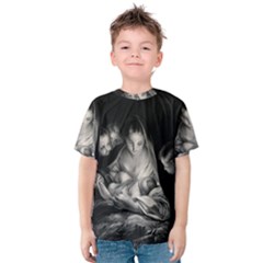 Nativity Scene Birth Of Jesus With Virgin Mary And Angels Black And White Litograph Kids  Cotton Tee