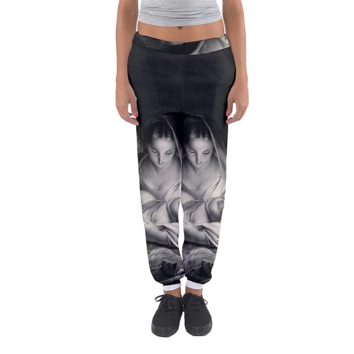 Nativity Scene Birth Of Jesus With Virgin Mary And Angels Black And White Litograph Women s Jogger Sweatpants