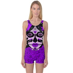 Sugar Skull Purple Roses One Piece Boyleg Swimsuit