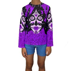 Sugar Skull Purple Roses Kids  Long Sleeve Swimwear