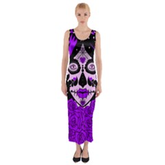 Sugar Skull Purple Roses Fitted Maxi Dress