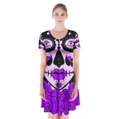 Sugar Skull Purple Roses Short Sleeve V-neck Flare Dress