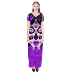 Sugar Skull Purple Roses Short Sleeve Maxi Dress