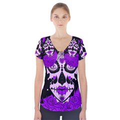 Sugar Skull Purple Roses Short Sleeve Front Detail Top by burpdesignsA