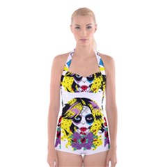 Gothic Sugar Skull Boyleg Halter Swimsuit 