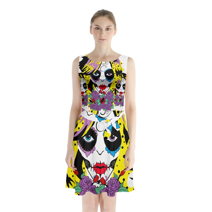 Gothic Sugar Skull Sleeveless Chiffon Waist Tie Dress