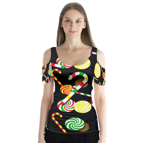 Xmas Candies  Butterfly Sleeve Cutout Tee  by Valentinaart