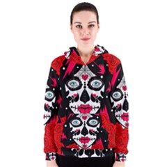 Sugar Skull Red Roses Women s Zipper Hoodie by burpdesignsA