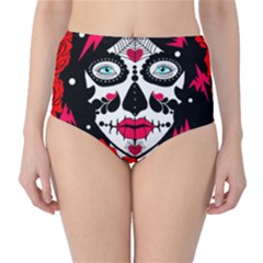 Sugar Skull Red Roses High-waist Bikini Bottoms