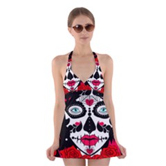 Sugar Skull Red Roses Halter Swimsuit Dress by burpdesignsA