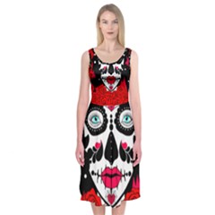 Sugar Skull Red Roses Midi Sleeveless Dress