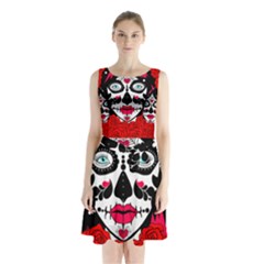 Sugar Skull Red Roses Sleeveless Chiffon Waist Tie Dress