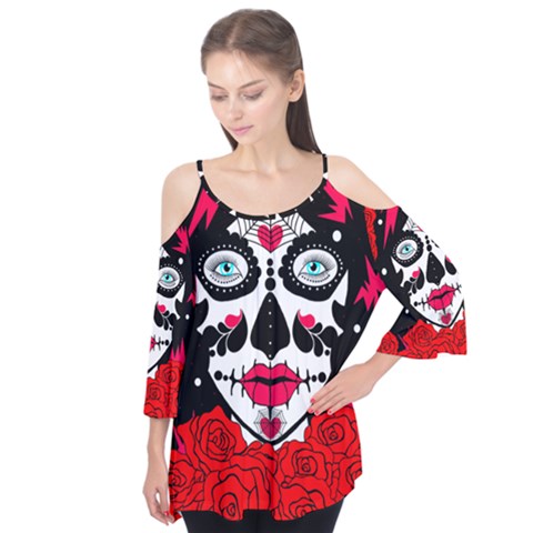 Sugar Skull Red Roses Flutter Tees by burpdesignsA