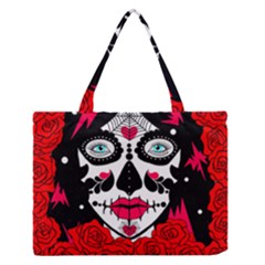 Sugar Skull Red Roses Medium Zipper Tote Bag