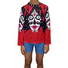 Sugar Skull Red Roses Kids  Long Sleeve Swimwear