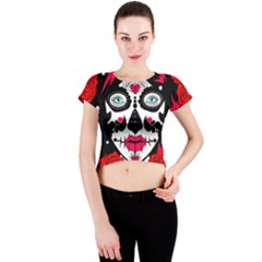 Sugar Skull Red Roses Crew Neck Crop Top