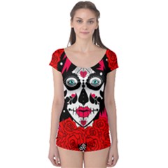 Sugar Skull Red Roses Boyleg Leotard 