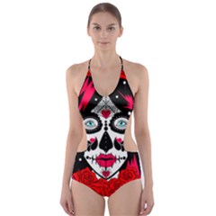 Sugar Skull Red Roses Cut-out One Piece Swimsuit