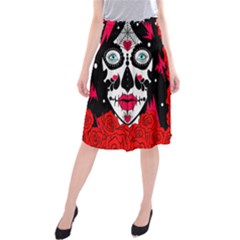 Sugar Skull Red Roses Midi Beach Skirt by burpdesignsA