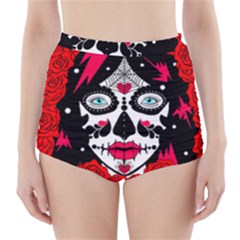 Sugar Skull Red Roses High-waisted Bikini Bottoms