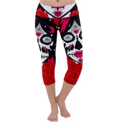 Sugar Skull Red Roses Capri Yoga Leggings