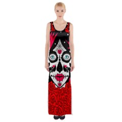 Sugar Skull Red Roses Maxi Thigh Split Dress by burpdesignsA