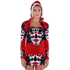 Sugar Skull Red Roses Women s Long Sleeve Hooded T-shirt