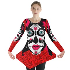 Sugar Skull Red Roses Long Sleeve Tunic 