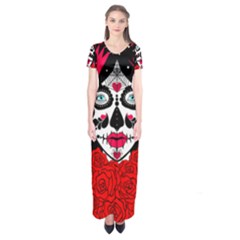 Sugar Skull Red Roses Short Sleeve Maxi Dress