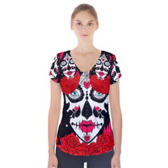 Sugar Skull Red Roses Short Sleeve Front Detail Top by burpdesignsA