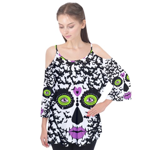 Bat Lady Sugar Skull Flutter Tees by burpdesignsA