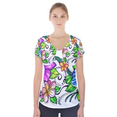 Tropical Hibiscus Flowers Short Sleeve Front Detail Top