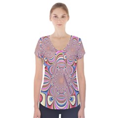 Pastel Shades Ornamental Flower Short Sleeve Front Detail Top