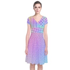 Rainbow Colorful Grid Short Sleeve Front Wrap Dress by designworld65